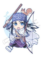 Rule 34 | 1girl, ainu, ainu clothes, animal, animal on head, asirpa, bandana, black hair, black pants, blue bandana, blue eyes, blush, boots, bow (weapon), cape, chibi, commentary, ear piercing, earrings, full body, fur cape, golden kamuy, hoop earrings, inputanimeoutput, jewelry, long hair, long sleeves, looking at viewer, lowres, on head, open mouth, pants, piercing, running, sample watermark, sheath, solo, sparkle, squirrel, transparent background, watermark, weapon, white cape, white footwear, wide sleeves