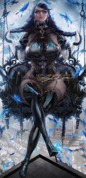 Rule 34 | 1girl, artist name, banned artist, bayonetta, bayonetta (series), bayonetta 3, black hair, bodystocking, boots, braid, breasts, bug, butterfly, full body, garter straps, glasses, gloves, grey eyes, insect, large breasts, lips, long hair, looking at viewer, mole, mole under mouth, sakimichan, signature, solo, swing, thigh boots, thighhighs, twin braids, white gloves