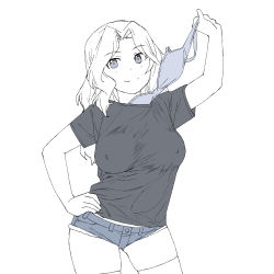 Rule 34 | 1girl, black shirt, bra, bracelet, breasts, clothes pull, contrapposto, covered erect nipples, cutoffs, denim, denim shorts, girls und panzer, gluteal fold, hand on own hip, highres, holding, holding bra, holding underwear, jewelry, kay (girls und panzer), long hair, looking at viewer, medium breasts, monochrome, onsen tamago (hs egg), removing bra, removing bra under shirt, shirt, shorts, smile, solo, thighhighs, underwear, white background