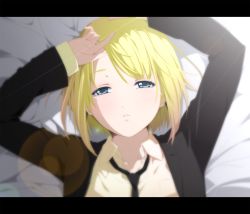 Rule 34 | 1girl, ama mitsuki, arms up, bad id, bad pixiv id, blonde hair, blue eyes, female focus, formal, gradient hair, kagamine rin, letterboxed, lying, multicolored hair, necktie, on back, short hair, solo, suit, tears, vocaloid