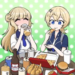 Rule 34 | 2girls, alcohol, beer can, blonde hair, blue eyes, blue necktie, blue shirt, blush, bottle, braid, breasts, burger, can, chicken (food), drink, drink can, eating, food, french fries, fried chicken, gradient background, gradient neckerchief, green background, highres, kantai collection, light brown hair, long hair, medium breasts, military uniform, multiple girls, necktie, nemu (nemurakka), nose blush, pizza, polka dot, ranger (kancolle), shirt, short sleeves, side braids, table, tuscaloosa (kancolle), two-tone dress, uniform, upper body