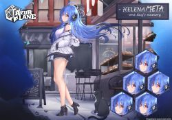 Rule 34 | 1girl, alternate costume, azur lane, bare legs, bare shoulders, black shorts, blue gemstone, blue hair, casual, character name, copyright name, cutoffs, expressionless, expressions, fake screenshot, floating hair, from side, frown, full body, gem, hands in pockets, headgear, helena (azur lane), helena (meta) (azur lane), high heels, highres, hood, hooded jacket, jacket, jewelry, kyl490, leg up, legs, long hair, looking at viewer, looking to the side, necklace, off shoulder, open mouth, parody, pout, red eyes, red gemstone, shirt, short shorts, shorts, sleeveless, sleeveless shirt, smile, solo, striped clothes, striped shirt, thighs, tiptoes, vertical-striped clothes, vertical-striped shirt, very long hair, walking, white jacket, white shirt