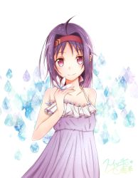 Rule 34 | 1girl, absurdres, ahoge, arm behind back, blush, collarbone, dress, flower, headband, highres, holding, holding flower, long hair, looking at viewer, purple dress, purple eyes, purple hair, red headband, signature, simple background, sleeveless, sleeveless dress, smile, solo, standing, sword art online, white background, white flower, yuuki (sao)