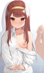 Rule 34 | 1girl, binsen, blunt bangs, blush, breasts, closed mouth, embarrassed, hairband, highres, idolmaster, idolmaster million live!, long hair, long sleeves, nipples, off-shoulder shirt, off shoulder, red eyes, red hair, shirt, signature, small breasts, sweatdrop, tanaka kotoha, translation request, white shirt, yellow hairband
