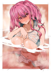 Rule 34 | 1girl, azur lane, blush, breasts, breasts out, bremerton (azur lane), bremerton (scorching-hot training) (azur lane), clothes lift, hair between eyes, hair intakes, hair ornament, hairclip, highres, huge breasts, in water, lifted by self, long hair, looking at viewer, multicolored clothes, multicolored shirt, multicolored skirt, navel, navel piercing, official alternate costume, piercing, pink eyes, pink hair, pleated skirt, shirt lift, sitting, skirt, solo, steam, sweat, sweatdrop, tokiwa midori (kyokutou funamushi), twintails, two-tone shirt, two-tone skirt, wet