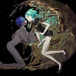 Rule 34 | 2others, absurdres, androgynous, aqua eyes, aqua hair, black background, blue eyes, blue hair, blunt bangs, clipboard, colored eyelashes, commentary request, cracked skin, crying, crying with eyes open, crystal hair, dual persona, frilled sleeves, frills, gem uniform (houseki no kuni), gold, golden arms, green nails, highres, holding, holding clipboard, houseki no kuni, huge filesize, molten metal, multiple others, nail polish, necktie, open mouth, phosphophyllite, phosphophyllite (ll), short hair, short sleeves, sparkle, spoilers, tears, torino kawazu