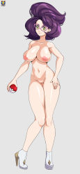 Rule 34 | 1girl, absurdres, artist name, big hair, boots, breasts, closed mouth, collarbone, creatures (company), eyelashes, fingernails, full body, game freak, glasses, green eyes, grey background, groin, hand on lap, high heel boots, high heels, highres, holding, holding poke ball, kyoffie, large breasts, lipstick, long fingernails, looking at viewer, makeup, navel, nintendo, nipples, nude, pink-framed eyewear, pink lips, poke ball, poke ball (basic), pokemon, pokemon sm, puffy nipples, purple hair, short hair, simple background, smile, solo, standing, stomach, uncensored, white footwear, wicke (pokemon)