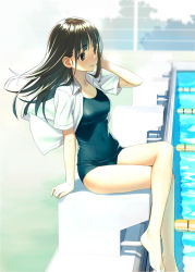 Rule 34 | 1girl, arm support, bare legs, barefoot, black eyes, black hair, blush, breasts, collared shirt, commentary request, covered navel, day, dress shirt, closed eyes, hand up, koutaro, looking away, medium breasts, old school swimsuit, one-piece swimsuit, open clothes, open shirt, original, outdoors, pool, poolside, school swimsuit, shirt, short sleeves, smile, solo, swimsuit, swimsuit under clothes, water, white shirt