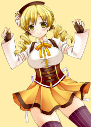 Rule 34 | 10s, 1girl, blonde hair, blush, breasts, corset, detached sleeves, drill hair, female focus, fingerless gloves, gloves, hat, magical girl, mahou shoujo madoka magica, mahou shoujo madoka magica (anime), sakura hanatsumi, simple background, skirt, smile, solo, striped clothes, striped thighhighs, thighhighs, tomoe mami, twin drills, twintails, vertical-striped clothes, vertical-striped thighhighs, yellow eyes, zettai ryouiki