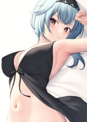 Rule 34 | 1girl, absurdres, armpits, babydoll, bare shoulders, black hairband, blue hair, breasts, brown eyes, cleavage, commentary, eula (genshin impact), genshin impact, hairband, highres, large breasts, long hair, looking at viewer, navel, shirafuji ene, solo, stomach, upper body