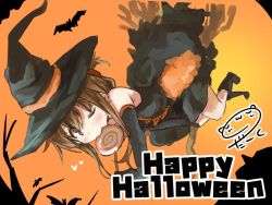 Rule 34 | 10s, 1girl, alternate costume, artist name, bat (animal), broom, broom riding, brown eyes, brown hair, candy, commentary request, darkside, elbow gloves, folded ponytail, food, gloves, halloween, hat, inazuma (kancolle), kantai collection, lollipop, mouth hold, one eye closed, solo, witch hat