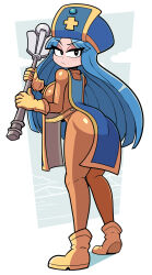 Rule 34 | 1girl, ass, black eyes, blue hair, blush, bodysuit, boots, breasts, closed mouth, dragon quest, dragon quest iii, full body, highres, kevin arthur, large breasts, long hair, looking at viewer, orange bodysuit, orange footwear, priest (dq3), solo