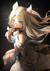 Rule 34 | 1girl, bad id, bad pixiv id, bare shoulders, blonde hair, blue bow, blue eyes, bow, collarbone, commentary request, dress, fingernails, hair ribbon, hand on own face, hand up, highres, long hair, looking at viewer, looking to the side, original, parted bangs, parted lips, ribbon, saraki, signature, sitting, sky, sleeveless, sleeveless dress, solo, star (sky), starry sky, thighhighs, two side up, very long hair, white dress, white ribbon, white thighhighs