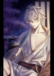 Rule 34 | 1boy, alchemy stars, blush, cherry blossoms, hair between eyes, hand fan, highres, holding, holding fan, japanese clothes, kimono, long sleeves, looking at viewer, male focus, navigator (alchemy stars), night, parted lips, sash, solo, sonomi, twitter username, white hair, wide sleeves, yellow eyes