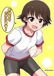 Rule 34 | 1girl, :d, arms behind back, ball, bike shorts, black shorts, brown eyes, brown hair, commentary, cowboy shot, girls und panzer, gym shirt, gym uniform, holding, holding ball, holding behind back, isobe noriko, kibimoka, leaning forward, looking at viewer, holding behind back, open mouth, shirt, short hair, short shorts, short sleeves, shorts, smile, solo, standing, t-shirt, translated, twitter username, volleyball, volleyball (object), white shirt, yellow background
