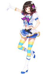 Rule 34 | 1girl, absurdres, aozora jumping heart, asymmetrical gloves, belt, black hair, blue shorts, boots, bow, frilled gloves, frilled skirt, frills, full body, gloves, gradient hair, hair ornament, hand on own hip, highres, idol, knee boots, leg up, love live!, love live! sunshine!!, midriff, miniskirt, multicolored hair, nail polish, navel, original, outstretched arm, purple bow, purple nails, red hair, short shorts, shorts, shorts under skirt, simple background, single glove, skirt, solo, standing, standing on one leg, stomach, striped clothes, striped thighhighs, sudach koppe, thighhighs, two-tone hair, uneven gloves, white background, white footwear, white gloves, white skirt, zettai ryouiki