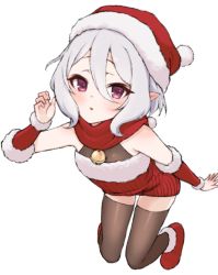 Rule 34 | 1girl, blush, gadeung hye, hair between eyes, hat, kokkoro (princess connect!), looking at viewer, neck bell, open mouth, pointy ears, princess connect!, red eyes, santa costume, santa hat, scarf, short hair, simple background, solo, thighhighs, white background, white hair