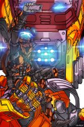 Rule 34 | 1boy, animification, assault visor, belt, extra eyes, glowing, glowing eyes, grapple pilot (titanfall 2), grey belt, helmet, highres, holding, holding phone, in palm, knee pads, kotone a, lifting person, mecha, on mecha, orange scarf, phone, pilot (titanfall 2), robot, scarf, science fiction, scorch (titanfall 2), selfie, sitting, straight-on, titan (titanfall), titanfall (series), titanfall 2, white background