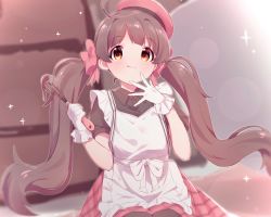 Rule 34 | 1girl, ahoge, apron, beret, blurry, blurry background, blush, brown eyes, brown hair, brown shirt, chocolate, gloves, hakozaki serika, hat, highres, holding, idolmaster, idolmaster million live!, indoors, licking lips, long hair, looking at viewer, norada, pantyhose, pink hat, red skirt, shirt, sitting, skirt, smile, solo, tongue, tongue out, twintails, whisk, white gloves, yellow eyes