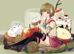 Rule 34 | 1girl, apple, bad id, bad pixiv id, black thighhighs, blush, brown hair, cake, commentary, food, fruit, green eyes, licking, licking finger, loafers, looking at viewer, ninomoto, one eye closed, original, personification, pinecone, school uniform, shoes, short hair, sitting, smile, solo, sweater, thighhighs, zettai ryouiki
