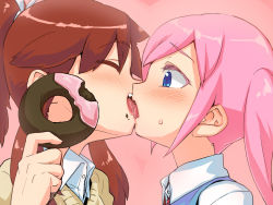Rule 34 | 2girls, blue eyes, blush, brown hair, character request, closed eyes, doughnut, food, french kiss, from side, kiss, long hair, man (man-room), multiple girls, pink hair, pixiv stamp, saliva, shitora (man-room), tongue, twintails, yuri