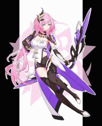 Rule 34 | 1girl, black background, black footwear, black gloves, black shorts, black sleeves, blue eyes, boots, bow (weapon), breasts, cleavage, closed mouth, commentary request, elysia (honkai impact), elysia (miss pink elf) (honkai impact), gloves, highres, holding, holding bow (weapon), holding weapon, honkai (series), honkai impact 3rd, long hair, long sleeves, looking at viewer, medium breasts, outline, partially fingerless gloves, pink hair, short shorts, shorts, single glove, smile, solo, thigh boots, two-tone background, very long hair, weapon, white background, white outline, yinyu (yinyu1999)