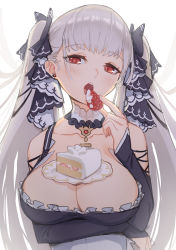 Rule 34 | 1girl, azur lane, bare shoulders, between breasts, black dress, blush, breasts, cake, cleavage, dress, earrings, food, formidable (azur lane), frilled dress, frills, fruit, grey hair, hair ribbon, highres, jewelry, large breasts, long hair, long sleeves, looking at viewer, plate, red eyes, ribbon, simple background, solo, strawberry, twintails, two-tone dress, two-tone ribbon, very long hair, white background, yellowpaint.