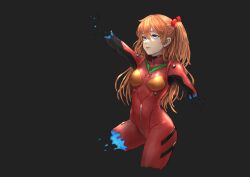Rule 34 | 1girl, absurdres, artist request, blue eyes, bodysuit, breasts, brown hair, curvy, disintegration, expressionless, hair ornament, highres, interface headset, lips, long hair, looking to the side, medium breasts, neon genesis evangelion, plugsuit, red bodysuit, shiny clothes, simple background, solo, souryuu asuka langley, standing, twintails, two side up, very long hair, wide hips