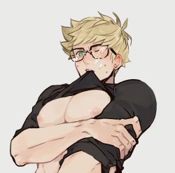 Rule 34 | 1boy, bara, biting, biting shirt, black shirt, blonde hair, breasts, clothes lift, cowboy shot, cum, cum on body, cum on male, facial, glasses, granblue fantasy, green eyes, holding own arm, male focus, muscular, nipples, one eye closed, open mouth, pectorals, rollermet, shirt, shirt lift, simple background, solo, suggestive fluid, surprised, upper body, vane (granblue fantasy)