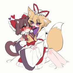 Rule 34 | 2girls, absurdres, animal ear fluff, animal ears, ascot, blonde hair, blush, bow, brown hair, cat ears, cat tail, commentary request, detached sleeves, food in mouth, fox ears, fox tail, frilled bow, frilled hair tubes, frills, hair bow, hair tubes, hakurei reimu, hat, hat ribbon, heart, heart tail, highres, korean commentary, long hair, long sleeves, mob cap, multiple girls, purple eyes, purple tabard, red bow, red eyes, red skirt, ribbon, ribbon-trimmed sleeves, ribbon trim, sitting, sitting on lap, sitting on person, skirt, skirt set, tabard, tail, tohou89, touhou, yakumo yukari, yellow ascot, yin yang, yuri