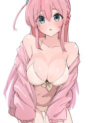 Rule 34 | 1girl, bikini, blue eyes, blush, bocchi the rock!, breasts, collarbone, cube hair ornament, front-tie top, gotoh hitori, hair between eyes, hair ornament, highres, jacket, large breasts, long hair, long sleeves, looking at viewer, navel, one side up, open clothes, open jacket, open mouth, pink hair, pink jacket, pink track suit, side ahoge, simple background, solo, sweat, swimsuit, track jacket, ukitaryu, white background, white bikini