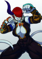 Rule 34 | 1girl, abs, armor, blue skin, breasts, cleavage, clenched hands, colored skin, fangs, fighting stance, fur collar, hair over one eye, horns, koi drake, large breasts, looking at viewer, muscular, muscular female, pointy ears, red hair, short hair, sidelocks, simple background, single horn, solo, tail, vambraces, white background, yellow eyes