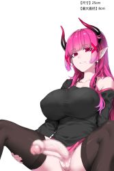 Rule 34 | 1girl, blunt bangs, breasts, censored, commentary request, futanari, highres, horns, large breasts, long hair, long sleeves, looking at viewer, mole, mole under mouth, no testicles, original, parted lips, penis, pink eyes, pink hair, pointy ears, simple background, skirt, solo, spread legs, teeth, thighhighs, white background, xiangzi box