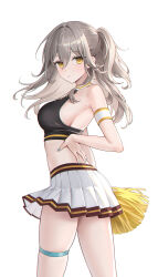 Rule 34 | 1girl, absurdres, alternate costume, alternate hairstyle, armband, armpit crease, armpit peek, bare shoulders, breasts, cheerleader, chromatic aberration, commentary, crop top, from side, grey hair, half updo, hand on own hip, highres, honkai: star rail, honkai (series), large breasts, long hair, looking at viewer, looking back, midriff, miho (mymiho), pleated skirt, pom pom (cheerleading), revision, sideboob, simple background, skirt, solo, stelle (honkai: star rail), thick thighs, thigh strap, thighs, trailblazer (honkai: star rail), white armband, white background, white skirt, yellow eyes