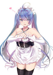 Rule 34 | 1girl, alternate costume, apron, azur lane, bare shoulders, black corset, black thighhighs, breasts, cleavage, corset, cowboy shot, elbow gloves, enmaided, gloves, halterneck, heart, heart-shaped boob challenge, helena (azur lane), highres, long hair, looking at viewer, maid, maid headdress, medium breasts, multicolored hair, purple eyes, purple hair, schreibe shura, simple background, sleeveless, solo, thighhighs, twintails, two-tone hair, very long hair, white apron, white background