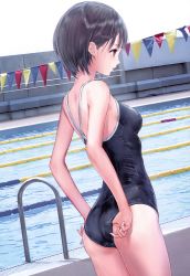 Rule 34 | 1girl, absurdres, adjusting clothes, adjusting swimsuit, ass, bare shoulders, black hair, blue reflection (series), blue reflection maboroshi ni mau shoujo no ken, breasts, competition school swimsuit, day, highres, kishida mel, looking away, medium breasts, official art, one-piece swimsuit, outdoors, pool, scan, school swimsuit, shirai hinako, short hair, solo, swimsuit, water