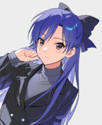 1girl black_coat blue_hair brown_eyes closed_mouth coat grey_background grey_shirt hair_ribbon hand_up idolmaster idolmaster_(classic) jewelry kisaragi_chihaya long_hair looking_at_viewer necklace nonanonnon6u6 ribbon shirt simple_background solo upper_body