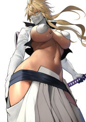 Rule 34 | 1girl, aqua eyes, arrancar, belt, bleach, blonde hair, breast tattoo, breasts, cropped jacket, crossed bangs, dark-skinned female, dark skin, eyelashes, gloves, hair between eyes, hand on weapon, highres, hip vent, jacket, large breasts, long hair, long sleeves, mask, navel, number tattoo, open clothes, open jacket, pants, revision, sheath, solo, sword, tattoo, tier harribel, tri tails, underboob, weapon, white jacket, white pants, yoshio (55level)