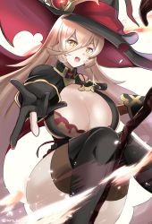 Rule 34 | 1girl, artist name, ass, black gloves, black hat, blonde hair, blush, boots, breasts, broom, broom riding, cleavage, fang, fire, gloves, hat, highres, kairi (fotune), large breasts, long hair, looking at viewer, nijisanji, nui sociere, nui sociere (1st costume), open mouth, partially fingerless gloves, skin fang, solo, thigh boots, thighhighs, v-shaped eyebrows, virtual youtuber, white background, witch hat, yellow eyes