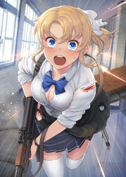 Rule 34 | 1girl, ak-47, akm, akms, assault rifle, blonde girl (itou), blonde hair, blood, blue bow, blue eyes, blush, bow, breasts, projectile trail, cleavage, clothes around waist, collared shirt, day, desk, flying teardrops, gun, hair bow, hallway, holding, holding gun, holding weapon, indoors, injury, itou (onsoku tassha), kalashnikov rifle, looking at viewer, medium breasts, motion lines, open clothes, open mouth, open shirt, original, pleated skirt, ponytail, rifle, running, school desk, shirt, sidelocks, skirt, sleeves rolled up, solo, sweater, sweater around waist, tears, thighhighs, torn clothes, torn shirt, weapon, white bow, white shirt, white thighhighs, window