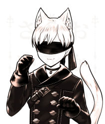 Rule 34 | 1boy, :3, animal ears, black gloves, blindfold, cat boy, cat ears, cat tail, choker, commentary, cowfee, english text, facing viewer, gloves, kemonomimi mode, male focus, monochrome, nier (series), nier:automata, paw pose, simple background, solo, tail, upper body, watermark, white background, white hair, 9s (nier:automata)
