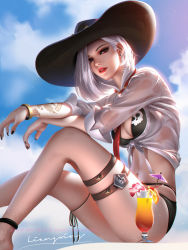 Rule 34 | 1girl, anklet, arm tattoo, ashe (overwatch), bikini, black bikini, black nails, blue sky, bracelet, breasts, cleavage, cocktail glass, cocktail umbrella, cowboy hat, cup, drinking glass, earrings, front-tie top, hat, highres, hurricane glass, jewelry, leg ribbon, liang xing, looking at viewer, nail polish, navel, necktie, overwatch, overwatch 1, red necktie, ribbon, shirt, short hair, silver hair, skull earrings, skull print, sky, smile, solo, stomach, sunlight, swimsuit, tattoo, thigh ribbon, thigh strap, thighlet, wet, wet clothes, wet shirt