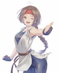 Rule 34 | belt, blue gloves, breasts, brown eyes, brown hair, character name, contrapposto, dougi, fingerless gloves, gloves, headband, highres, karate gi, medium breasts, one eye closed, ponytail, red headband, simple background, smile, spandex, talgi, the king of fighters, thumbs up, white background, yuri sakazaki