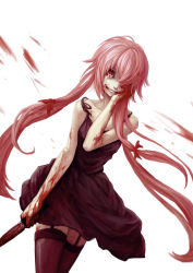 Rule 34 | 1girl, absurdres, black dress, blood, crying, dagger, dress, female focus, gasai yuno, grin, highres, holding, holding weapon, knife, long hair, looking at viewer, mirai nikki, pink hair, red eyes, simple background, smile, solo, twintails, weapon, white background, yandere, yinanhuanle