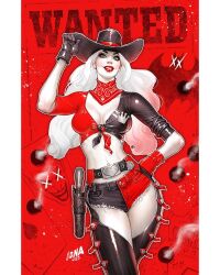 Rule 34 | 1girl, asymmetrical gloves, black gloves, black hat, black shirt, black shorts, breasts, cleavage, colored skin, cowboy hat, crop top, david nakayama, dc comics, gloves, gun, harley quinn, hat, hat tip, heart belt, highres, holster, long hair, looking at viewer, medium breasts, multicolored clothes, multicolored shirt, multicolored shorts, navel, neckerchief, pillarboxed, red gloves, red lips, red neckerchief, red shirt, red shorts, shirt, short shorts, short sleeves, shorts, smoking, solo, wanted, weapon, white hair, white skin