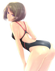 Rule 34 | 1girl, ass, backless outfit, bad id, bad pixiv id, bare back, bare shoulders, bent over, brown hair, competition swimsuit, from behind, highres, kichihachi, one-piece swimsuit, original, purple eyes, short hair, solo, swimsuit