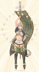Rule 34 | 1girl, asymmetrical hair, banner, braid, breasts, brown eyes, cloud, cloud print, emphasis lines, flight deck, full body, green thighhighs, grey hair, highres, kantai collection, large breasts, long hair, looking at viewer, midriff, pleated skirt, pot-de, shikigami, single braid, skirt, solo, thighhighs, unryuu (kancolle), very long hair, wavy hair, white skirt