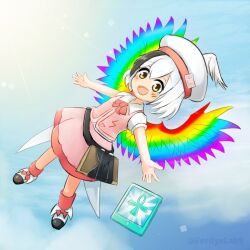 Rule 34 | 1girl, ankh, bird wings, blush, book, ferdy&#039;s lab, hat feather, highres, hollow song of birds, looking at viewer, multicolored hair, multicolored wings, neck ribbon, pink shorts, pink vest, red socks, ribbon, shoes, short hair, shorts, socks, solo, tablet pc, torisumi horou, touhou, vest, wings, yellow eyes
