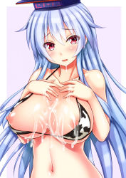 Rule 34 | 1girl, alternate costume, animal print, bare shoulders, bikini, blue hair, blush, breasts, cleavage, cow print, drooling, ebi 193, hat, kamishirasawa keine, large breasts, long hair, looking at viewer, navel, nipples, open mouth, red eyes, saliva, simple background, solo, suggestive fluid, swimsuit, touhou, very long hair
