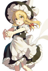 Rule 34 | 1girl, :o, apron, blonde hair, bow, braid, hat, hat bow, highres, jill 07km, kirisame marisa, looking at viewer, open mouth, short sleeves, simple background, solo, stretching, touhou, vest, waist apron, witch hat, yellow eyes